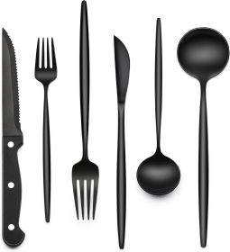 24-Piece Black Silverware Set with Steak Knives, Black Flatware Set for 4, Food-Grade Stainless Steel Tableware Cutlery Set (Material: Stainless Steel)